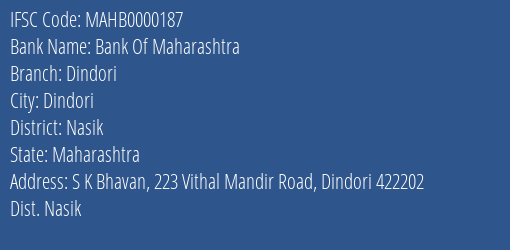 Bank Of Maharashtra Dindori Branch, Branch Code 000187 & IFSC Code MAHB0000187