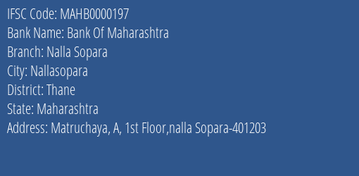 Bank Of Maharashtra Nalla Sopara Branch Thane IFSC Code MAHB0000197
