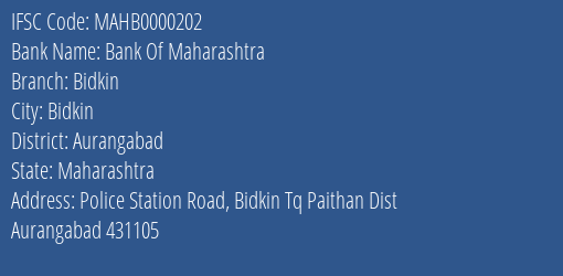 Bank Of Maharashtra Bidkin Branch Aurangabad IFSC Code MAHB0000202