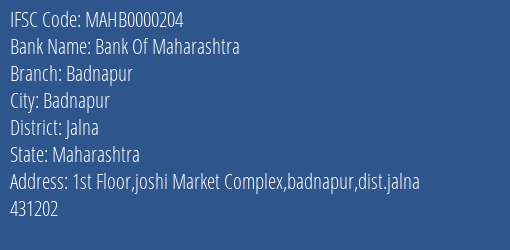 Bank Of Maharashtra Badnapur Branch Jalna IFSC Code MAHB0000204