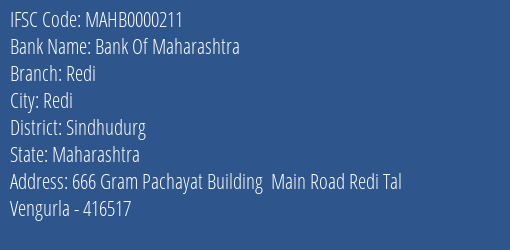 Bank Of Maharashtra Redi Branch Sindhudurg IFSC Code MAHB0000211
