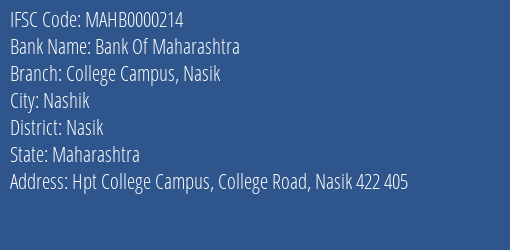 Bank Of Maharashtra College Campus Nasik Branch, Branch Code 000214 & IFSC Code MAHB0000214