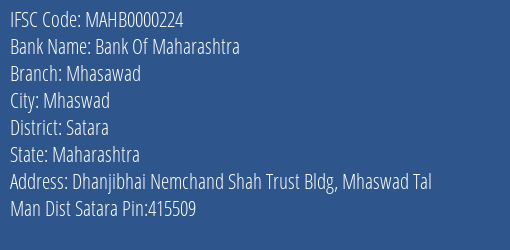 Bank Of Maharashtra Mhasawad Branch Satara IFSC Code MAHB0000224