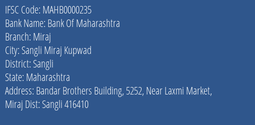 Bank Of Maharashtra Miraj Branch, Branch Code 000235 & IFSC Code MAHB0000235