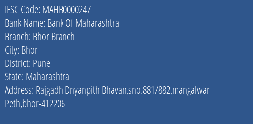 Bank Of Maharashtra Bhor Branch Branch Pune IFSC Code MAHB0000247