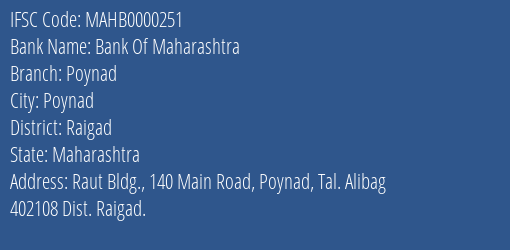 Bank Of Maharashtra Poynad Branch, Branch Code 000251 & IFSC Code MAHB0000251
