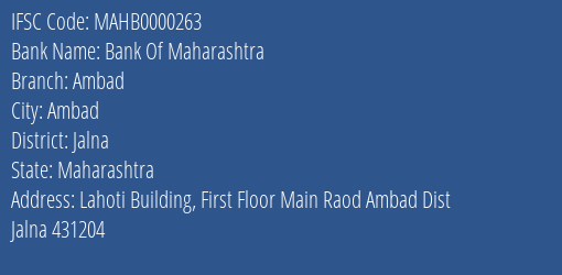Bank Of Maharashtra Ambad Branch Jalna IFSC Code MAHB0000263