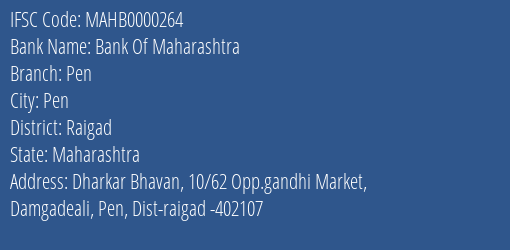 Bank Of Maharashtra Pen Branch, Branch Code 000264 & IFSC Code MAHB0000264