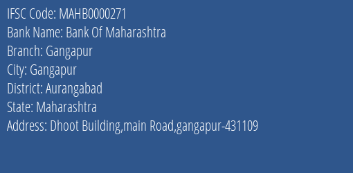 Bank Of Maharashtra Gangapur Branch Aurangabad IFSC Code MAHB0000271