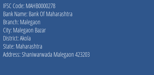 Bank Of Maharashtra Malegaon Branch Akola IFSC Code MAHB0000278