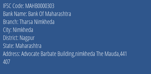 Bank Of Maharashtra Tharsa Nimkheda Branch, Branch Code 000303 & IFSC Code MAHB0000303