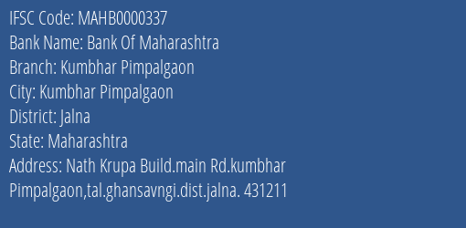 Bank Of Maharashtra Kumbhar Pimpalgaon Branch Jalna IFSC Code MAHB0000337