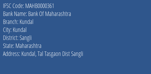 Bank Of Maharashtra Kundal Branch, Branch Code 000361 & IFSC Code MAHB0000361