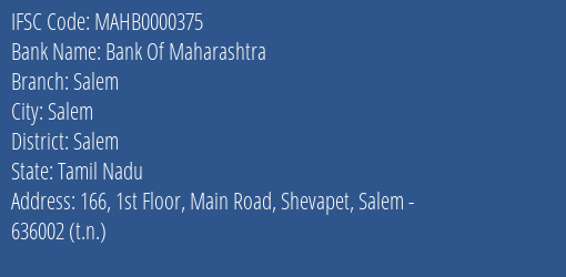 Bank Of Maharashtra Salem Branch, Branch Code 000375 & IFSC Code MAHB0000375