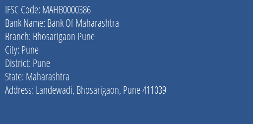 Bank Of Maharashtra Bhosarigaon Pune Branch Pune IFSC Code MAHB0000386