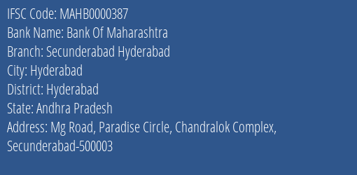 Bank Of Maharashtra Secunderabad Hyderabad Branch, Branch Code 000387 & IFSC Code MAHB0000387