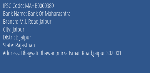Bank Of Maharashtra M.i. Road Jaipur Branch, Branch Code 000389 & IFSC Code MAHB0000389
