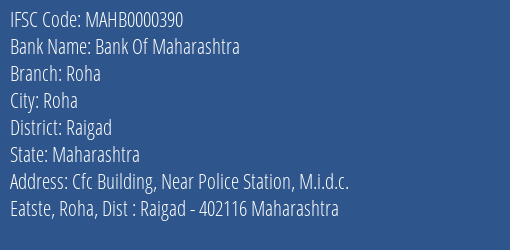 Bank Of Maharashtra Roha Branch, Branch Code 000390 & IFSC Code MAHB0000390