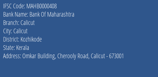 Bank Of Maharashtra Calicut Branch, Branch Code 000408 & IFSC Code MAHB0000408