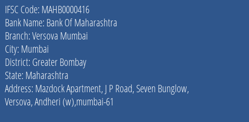Bank Of Maharashtra Versova Mumbai Branch Greater Bombay IFSC Code MAHB0000416