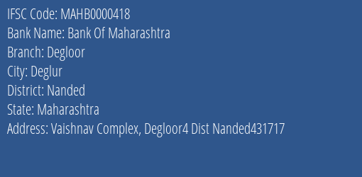 Bank Of Maharashtra Degloor Branch Nanded IFSC Code MAHB0000418