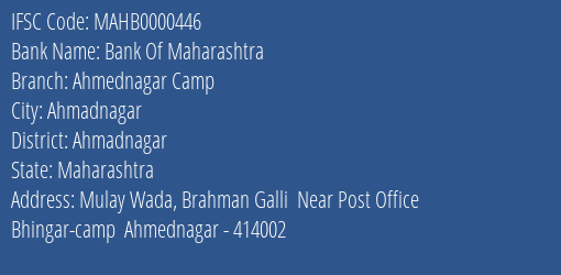 Bank Of Maharashtra Ahmednagar Camp Branch Ahmadnagar IFSC Code MAHB0000446