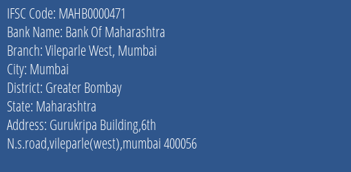 Bank Of Maharashtra Vileparle West Mumbai Branch Greater Bombay IFSC Code MAHB0000471