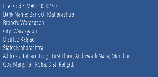 Bank Of Maharashtra Warasgaon Branch, Branch Code 000480 & IFSC Code MAHB0000480