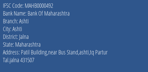 Bank Of Maharashtra Ashti Branch Jalna IFSC Code MAHB0000492