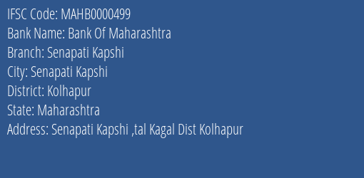 Bank Of Maharashtra Senapati Kapshi Branch Kolhapur IFSC Code MAHB0000499