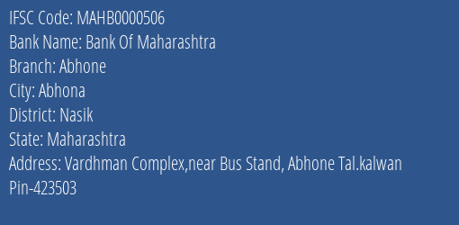 Bank Of Maharashtra Abhone Branch Nasik IFSC Code MAHB0000506