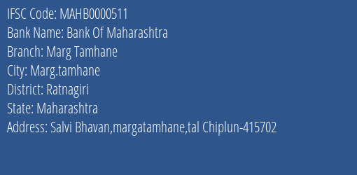 Bank Of Maharashtra Marg Tamhane Branch, Branch Code 000511 & IFSC Code Mahb0000511