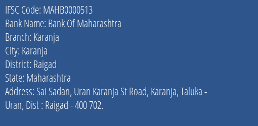 Bank Of Maharashtra Karanja Branch Raigad IFSC Code MAHB0000513