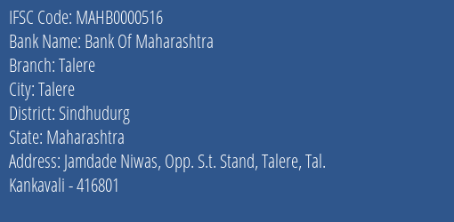Bank Of Maharashtra Talere Branch Sindhudurg IFSC Code MAHB0000516