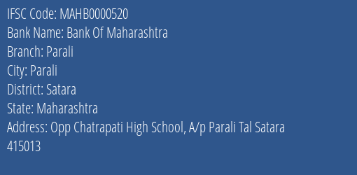Bank Of Maharashtra Parali Branch Satara IFSC Code MAHB0000520