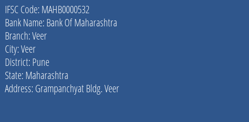 Bank Of Maharashtra Veer Branch Pune IFSC Code MAHB0000532