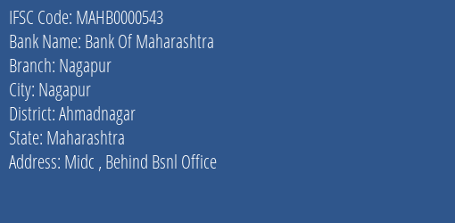 Bank Of Maharashtra Nagapur Branch Ahmadnagar IFSC Code MAHB0000543