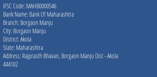 Bank Of Maharashtra Borgaon Manju Branch, Branch Code 000546 & IFSC Code Mahb0000546