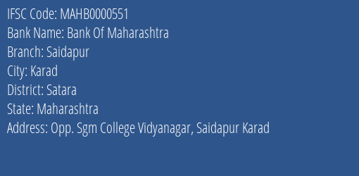Bank Of Maharashtra Saidapur Branch Satara IFSC Code MAHB0000551
