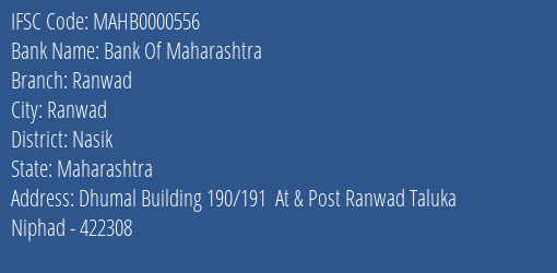 Bank Of Maharashtra Ranwad Branch Nasik IFSC Code MAHB0000556