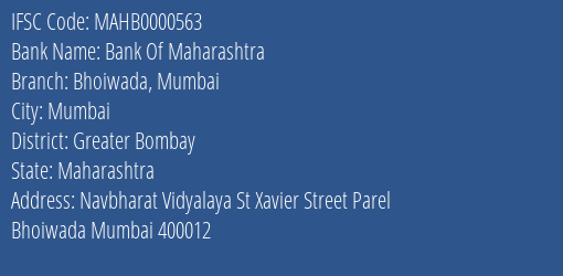 Bank Of Maharashtra Bhoiwada Mumbai Branch Greater Bombay IFSC Code MAHB0000563
