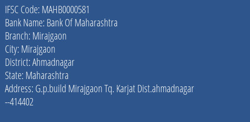 Bank Of Maharashtra Mirajgaon Branch Ahmadnagar IFSC Code MAHB0000581