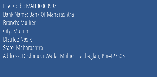 Bank Of Maharashtra Mulher Branch Nasik IFSC Code MAHB0000597