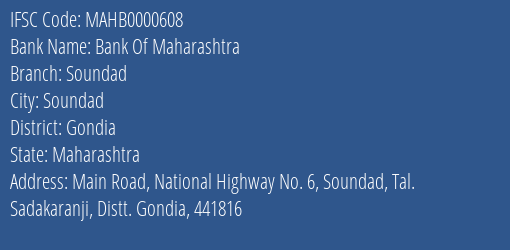 Bank Of Maharashtra Soundad Branch Gondia IFSC Code MAHB0000608