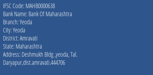 Bank Of Maharashtra Yeoda Branch Amravati IFSC Code MAHB0000638