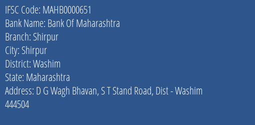 Bank Of Maharashtra Shirpur Branch Washim IFSC Code MAHB0000651