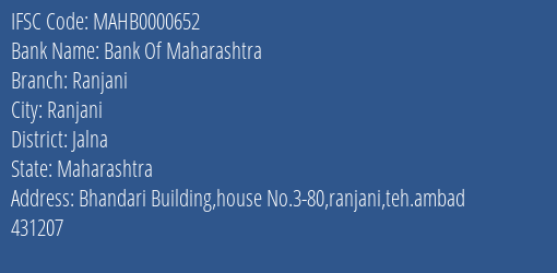 Bank Of Maharashtra Ranjani Branch Jalna IFSC Code MAHB0000652