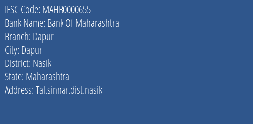 Bank Of Maharashtra Dapur Branch Nasik IFSC Code MAHB0000655