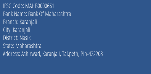 Bank Of Maharashtra Karanjali Branch Nasik IFSC Code MAHB0000661