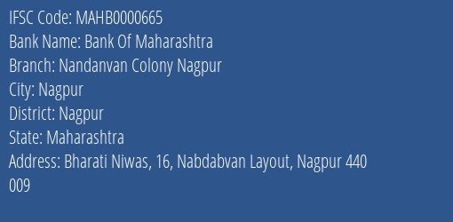 Bank Of Maharashtra Nandanvan Colony Nagpur Branch Nagpur IFSC Code MAHB0000665